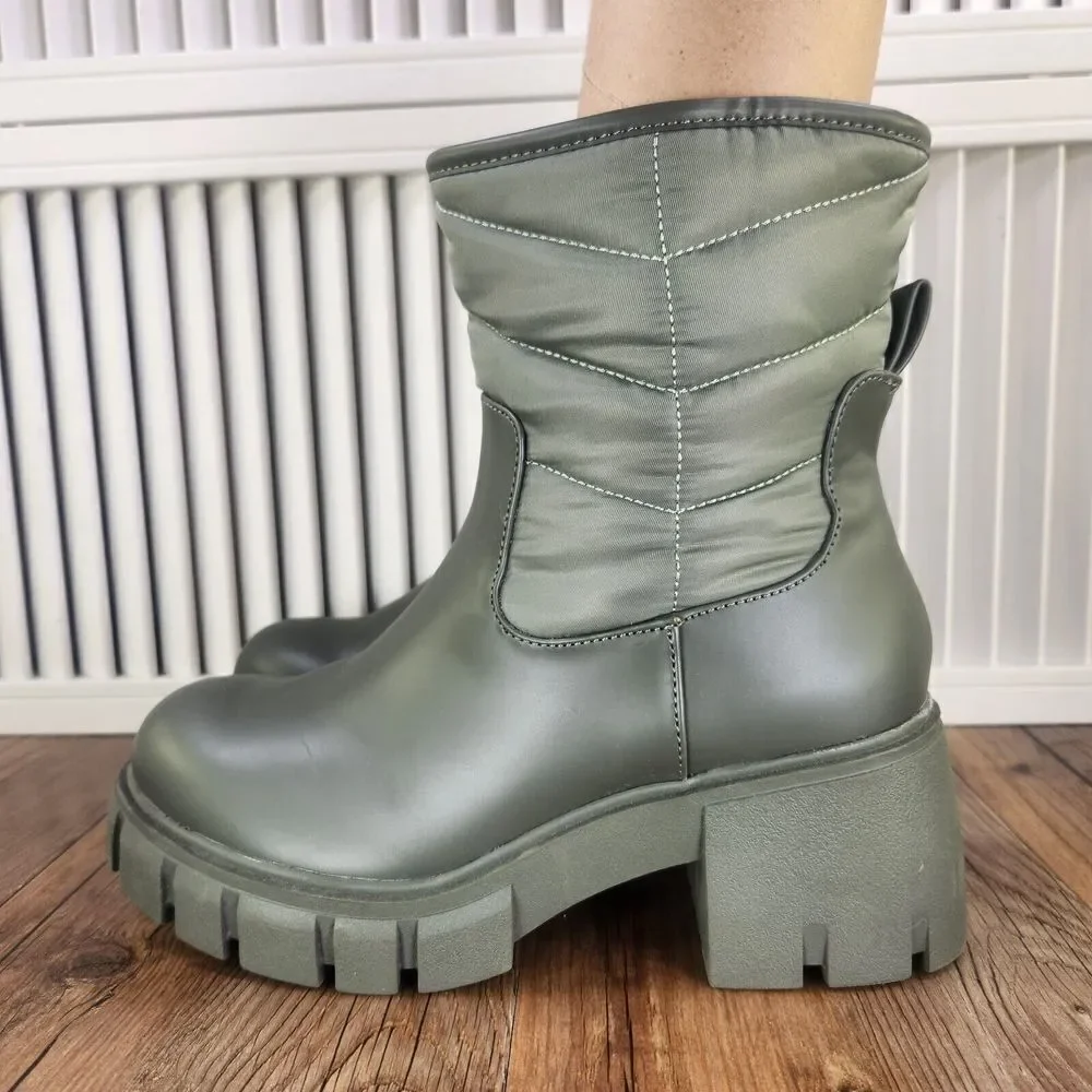 Torrid Chunky Boots Womens Sz 7.5WW Wide Olive Green Rubber Ankle Zip Up Booties